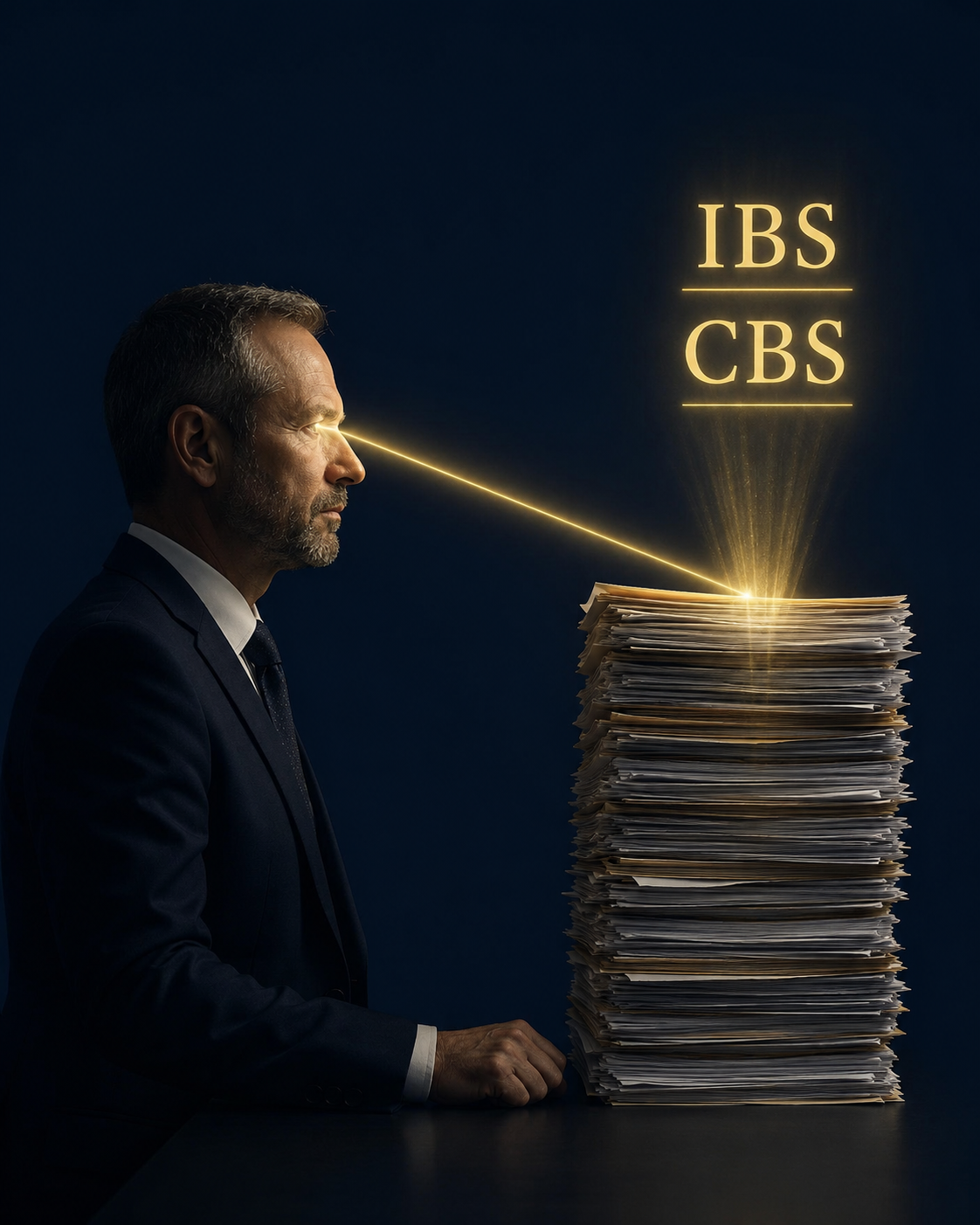 Contador enxergando com clareza o que muda com o IBS e a CBS em meio à pilha de documentos