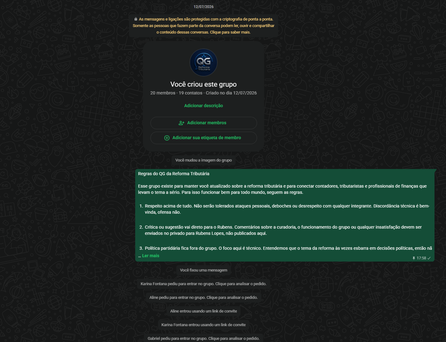Tela do grupo QG da Reforma Tributária mostrando a criação, as regras e os primeiros membros